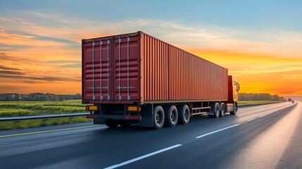 Truck with shipping container on highway, cargo transportation for delivery and logistics