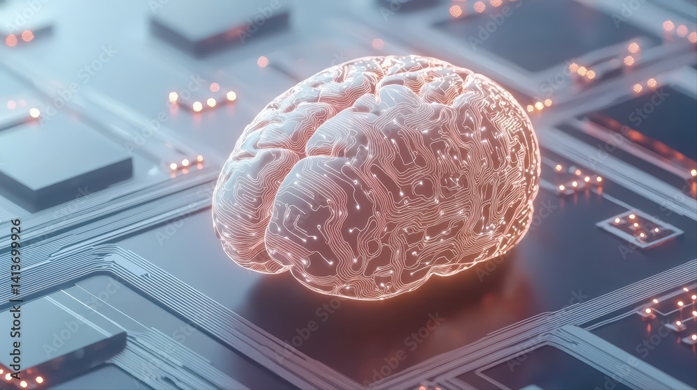 Poster brain model with circuit pattern for technology concept