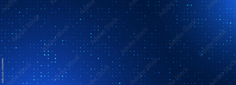Poster Blue glowing pixel dot pattern. Navy color mosaic pattern backdrop. Abstract neon technology grid wallpaper. Vector modern business, science, healthcare, medicine, presentation design background