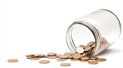 Coin jar spilling coins on table with white background