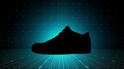 abstract blue animation with shoe isolated on grid background. Camera zoom into black of silhouette for smooth video transition - Powered by Adobe
