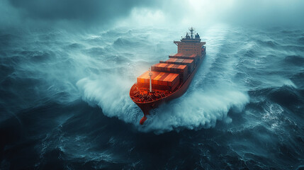 
A container ship battles massive waves in a turbulent ocean seen from above symbolizing volatile markets economic instability and the struggle to navigate financial crises in uncertain times

