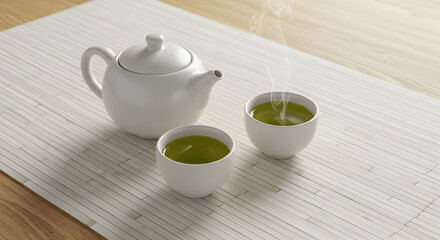 Fototapeta premium Minimalist Still Life Featuring Steaming Green Tea And Porcelain Teapot
