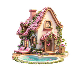 Fototapeta premium Charming Fantasy Cottage Surrounded by Blooming Flowers and Pool
