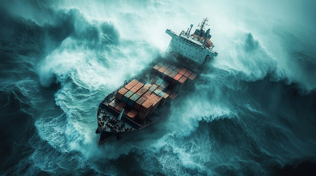 A container ship battles massive waves in a turbulent ocean seen from above symbolizing volatile markets economic instability and the struggle to navigate financial crises in uncertain times
- Powered by Adobe