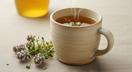 Aromatic Thyme Infusion Warmth Herbal Tea Drink In Ceramic Cup