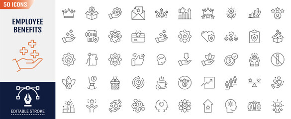 Employee benefits line editable icon set. Containing social security, pay raise, health and life insurance, paid vacation, bonus and more. Vector illustration