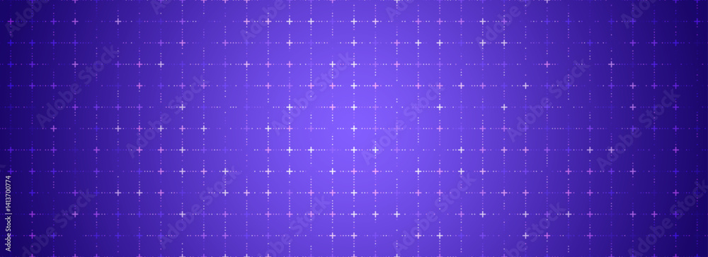 Poster Purple glowing grid background. Cross dots tech square network backdrop. Abstract checkered dashboard pattern for science, technology, business, healthcare, medicine design. Vector wallpaper template
