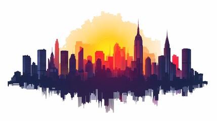 Fototapeta premium City Skyline Silhouette at Sunset: Vibrant Urban Landscape with Dramatic Sky and Iconic Structures