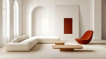 Fototapeta premium Modern Minimalist Living Room Beige Sofa Wooden Coffee Tables Red Chair