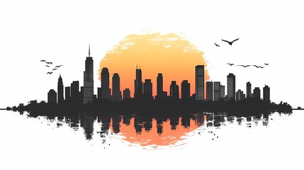 Fototapeta premium Colorful Cityscape Skyline at Sunset with Urban Silhouettes and Reflection