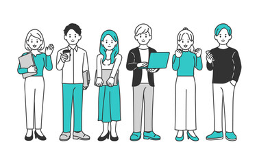 ポーズをとる若い男女の全身セット【人物ベクターイラスト素材】
