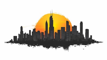 Obraz premium Vibrant Urban Skyline at Sunset: A Silhouetted Cityscape Illustration