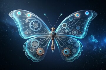 A butterfly with transparent wings and visible mechanical elements in a futuristic design - generated by ai