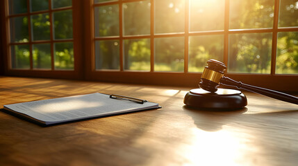 Gavel, legal document, clipboard, wooden desk, sunlight through window, justice, law, court, contract, legal, agreement, verdict, gavel, judge, courtroom, lawyer, law firm, legal concept.