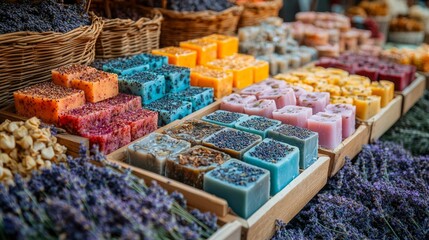 A collection of handmade soaps in a rainbow of colors and shapes is displayed on a market stall. Each soap is decorated with dried flowers, glitter,