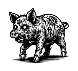 Fototapeta premium Terrifying zombie pig boar hog attacks in horror undead apocalypse scene. 