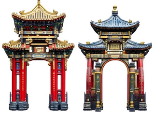 Fototapeta premium Two Ornate Traditional Chinese Gates Against a Transparent Background Photo