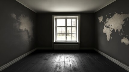 Fototapeta premium illuminated world map in a darkened room featuring a window overlooking an outdoors scene suggesting travel and global connection themes