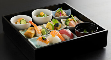 Authentic Japanese Bento Box Presentation With Assorted Culinary Delights