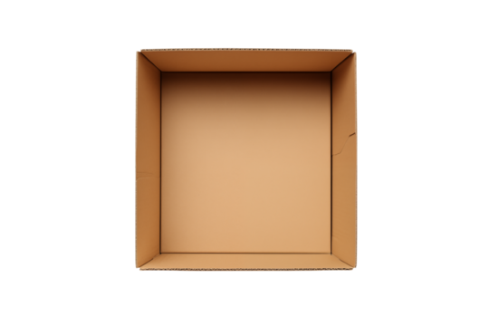 A top view of a brown cardboard box with its flaps open against a  transparent background space around it png