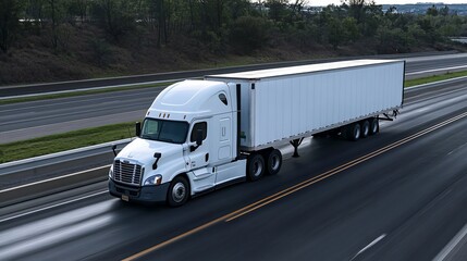 White semi-truck driving on open highway transporting freight cargo