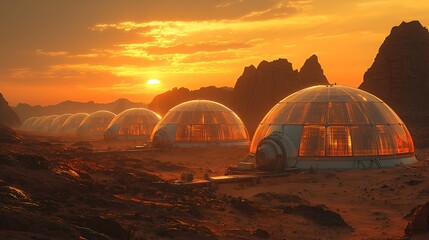 Martian sunset over futuristic geodesic domes.