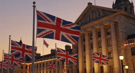 Union Jack Flags Wave at Dusk Before Government Building in UK