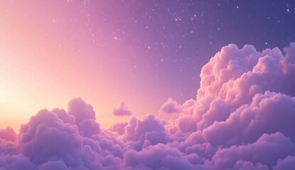 Dreamy sunset above fluffy pink clouds and stars.