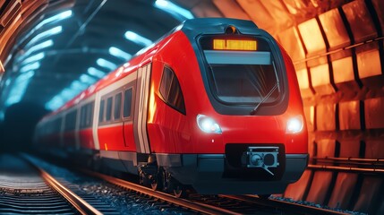 Obraz premium Modern red train arriving in underground subway station