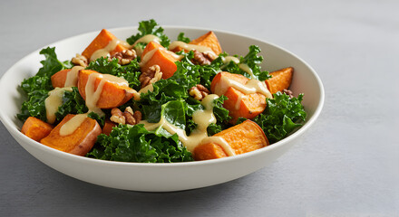 Delectable Kale Sweet Potato Salad with Walnuts And Creamy Dressing