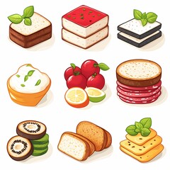 Colorful Snack Food Illustration Featuring Fruits, Cheese, Meat, and Vegetables – Gourmet Finger Food Icons for Healthy Cuisine and Culinary Presentation