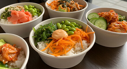 Assortment Of Delicious And Colorful Rice Bowls Displayed With Fresh Ingredients