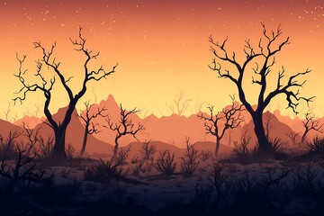 Desert Mountains Silhouette Artwork with Sunset Gradient: A Serene Abstract Illustration of Wilderness & Wildlife at Dusk