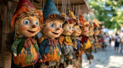 A display of handmade marionettes with colorful costumes and expressive faces hangs from wooden racks at a street festival.