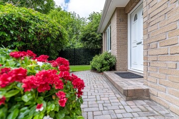 Fototapeta premium A semi-detached house with a gated entrance and a short brick pathway leading to the door