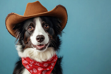 Adorable black and white Border Collie dog wearing a cowboy hat and bandana against a blue background.  Ready for a rodeo!