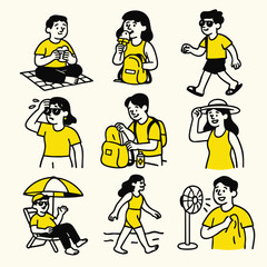 Enjoy vibrant summer scene featuring people engaging various activities like eating snacks, enjoying ice cream, and walking beach. cheerful atmosphere is enhanced by bright yellow clothing