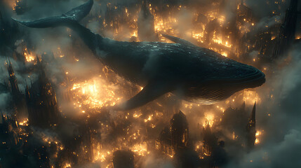 Fototapeta premium A colossal whale soars above a burning gothic city, shrouded in mist; an apocalyptic, surreal scene.