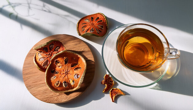 Bael Fruit Tea: A close-up shot of a glass cup filled with aromatic bael fruit tea. Two slices of dried bael fruit and another slices in a wooden plate alongside a clear glass cup.