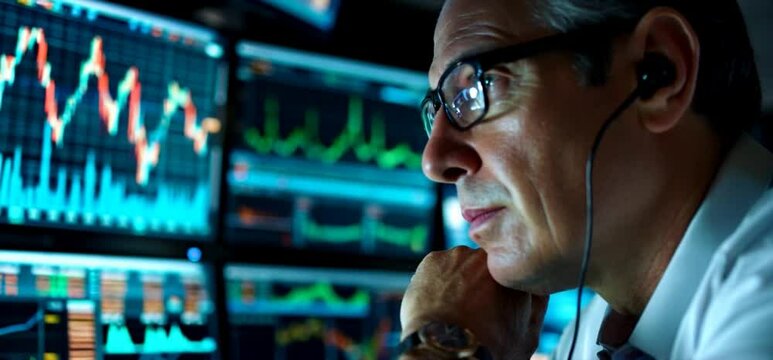 Focused Professional Analyzing Data on Trading Monitors in a Modern Office

