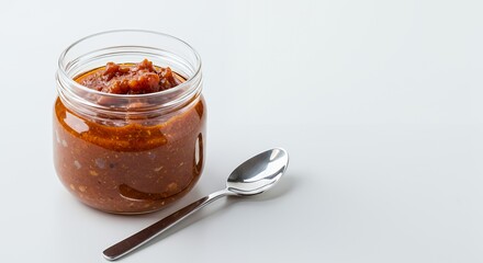 Homemade relish in a glass jar with a spoon on a white background