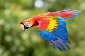 Obraz premium A wild macaw flying over the Amazon, its bright red, blue, and yellow feathers standing out against the green jungle