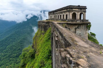 Fototapeta premium An abandoned fortress hidden deep in the Amazon jungle, overgrown with vines and surrounded by mist