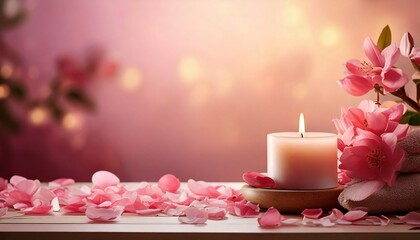 Pale pink spa background with flowers and candle, soothing, wellness