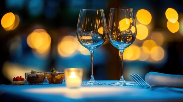 illuminated fine dining experience with wine glasses gourmet appetizers and bokeh lights creating a romantic and elegant restaurant ambiance