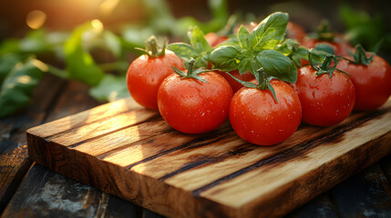 Fresh, juicy tomatoes on a rustic wooden board, bathed in warm sunlight.  A vibrant image perfect for food blogs, cookbooks, or restaurant menus.