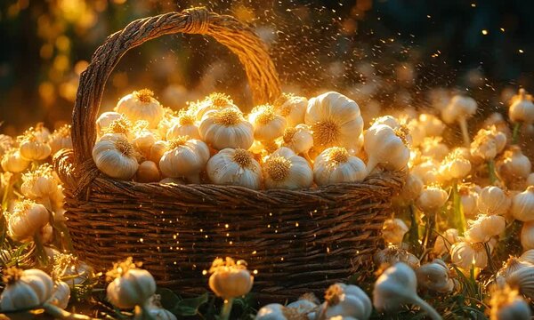 A rustic basket overflowing with garlic bulbs surrounded by glowing flowers in a sunlit garden