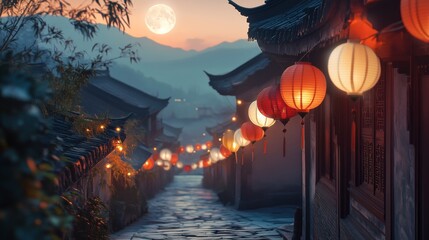 A line of delicate paper lanterns in shades of red, gold, and white is strung between two historic buildings in an ancient village. The lanterns sway gently 