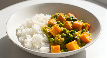 Healthy Sweet Potatoes With Rice, Peas And Spinach Curry in White Bowl